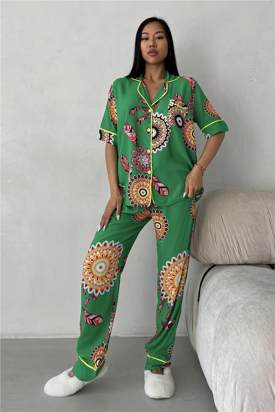 Fiori Come il Sole Yeşil Viskon Kısa Kol Pantolon Pijama Takımı