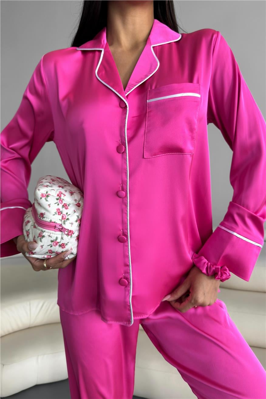 Kadın Düz Fuşya Saten Uzun Pijama Takımı