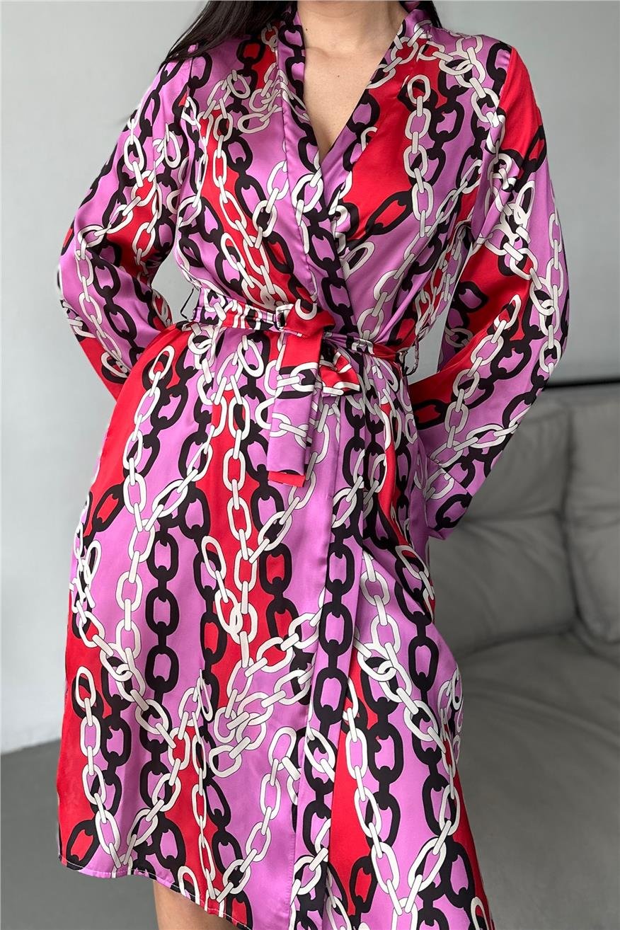 Kadın Mor Zincirler Desen Baskılı Belden Bağlama Saten Kimono/Sabahlık