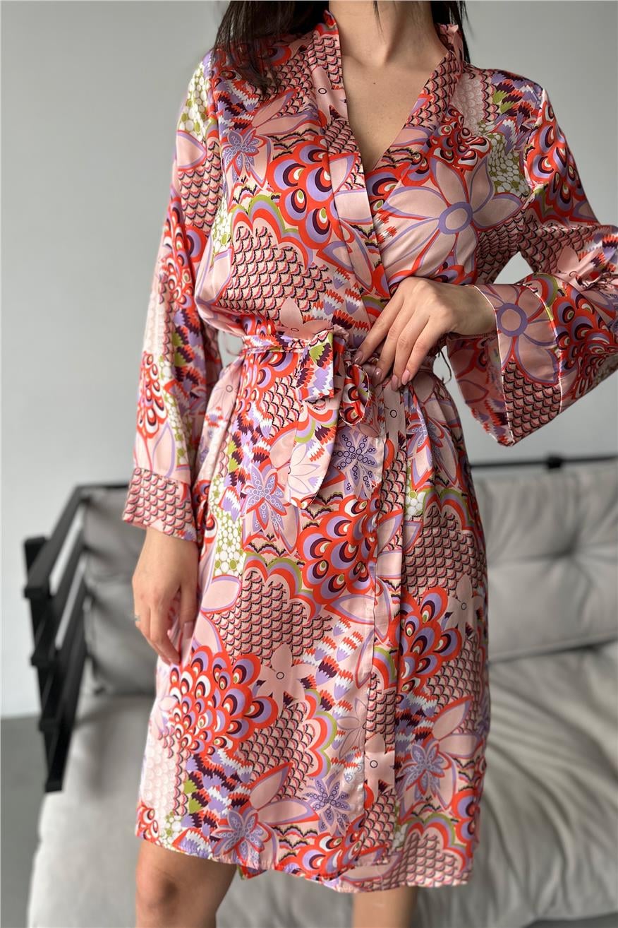 Kadın Renkli Papatyalar Desen Baskılı Belden Bağlama Saten Kimono/Sabahlık