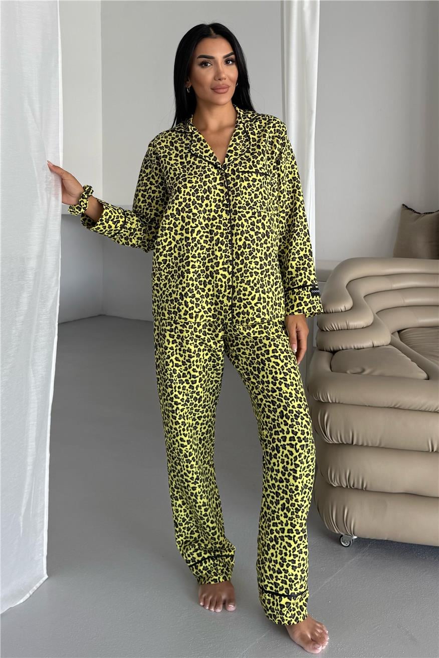 Leopar Selvaggio Sarı Uzun Pijama Takımı