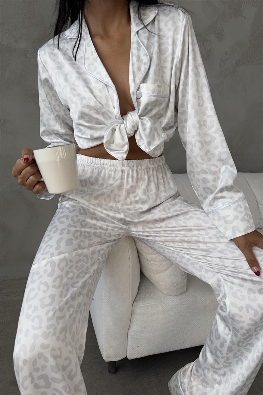 Leopardo Grigio Saten Uzun Pijama Takımı (Geniş Beden Aralığı)