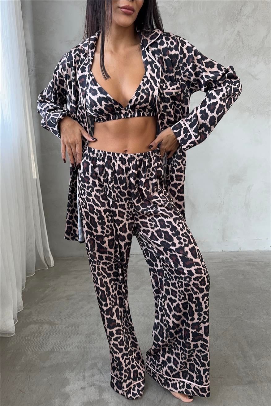 Leopardo Marrone Saten Uzun Üçlü Pijama Takımı