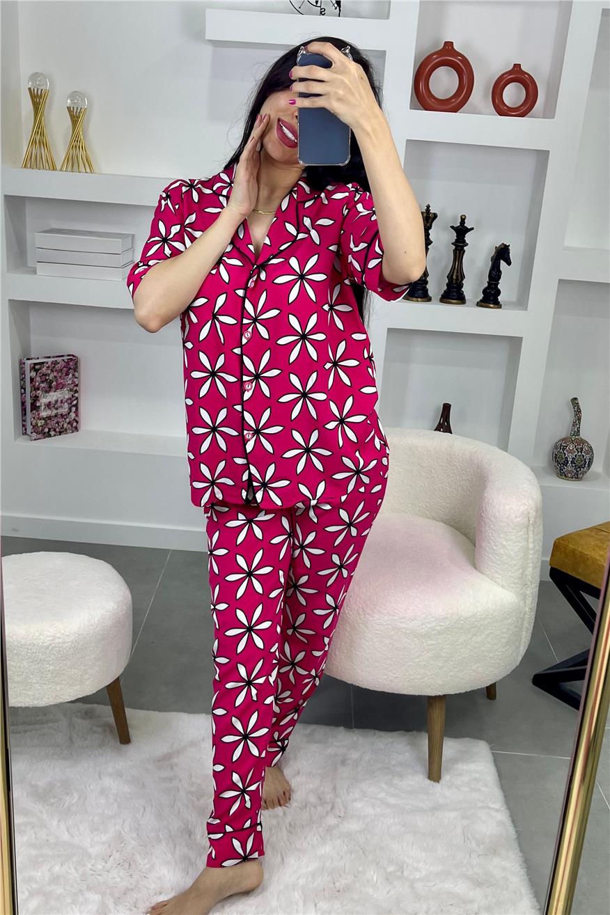 L'Innocenza Margherita Fuşya Viskon Kısa Kol Pantolon Pijama Takımı