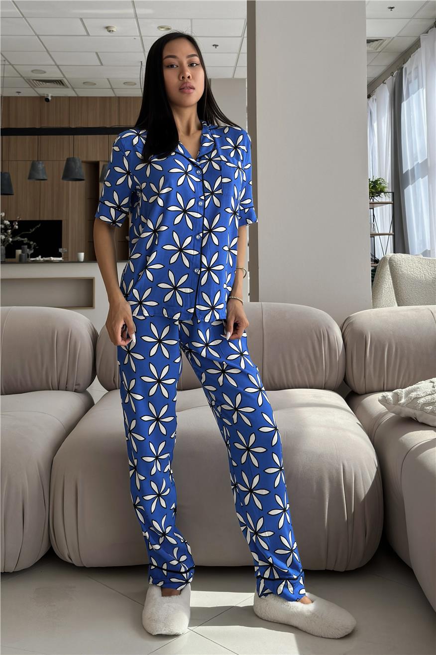 L'Innocenza Margherita Mavi Viskon Kısa Kol Pantolon Pijama Takımı