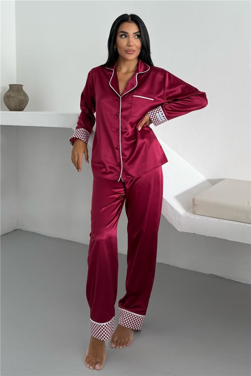 Liscio e Quadri Bordo Saten Uzun Pijama Takımı