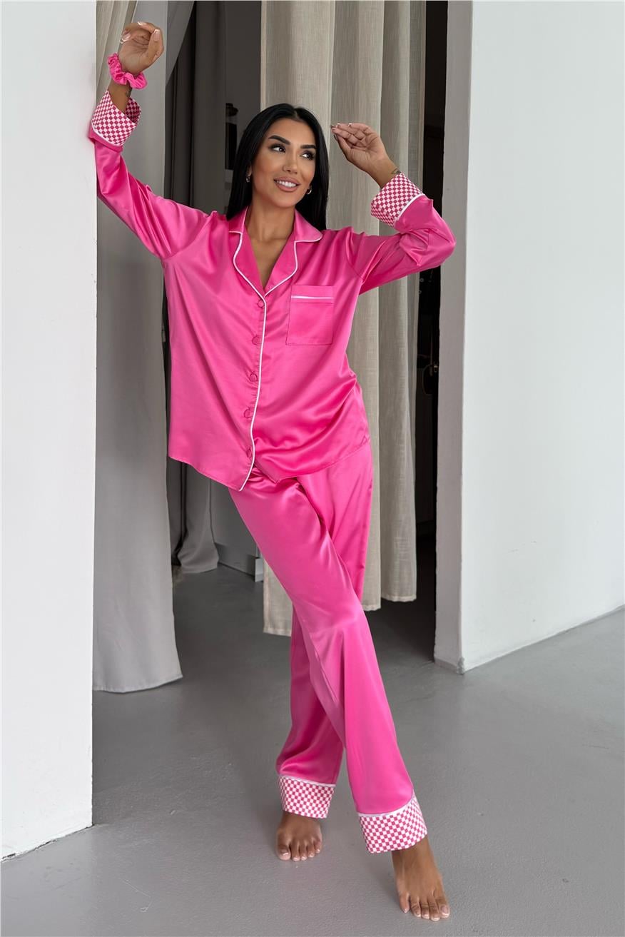 Liscio e Quadri Fuşya Saten Uzun Pijama Takımı
