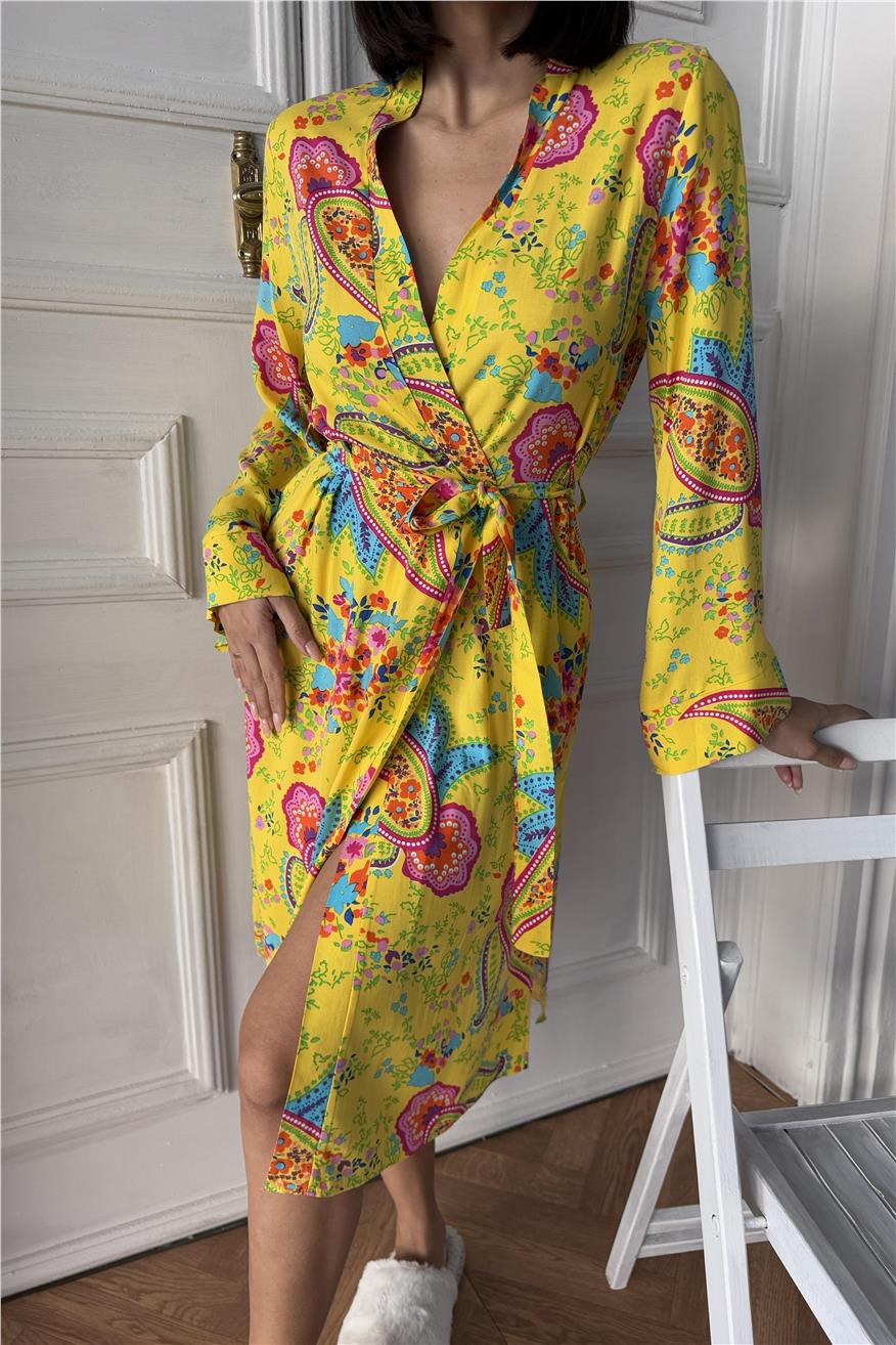Motivi Etnici Sarı Viskon Kimono/Sabahlık