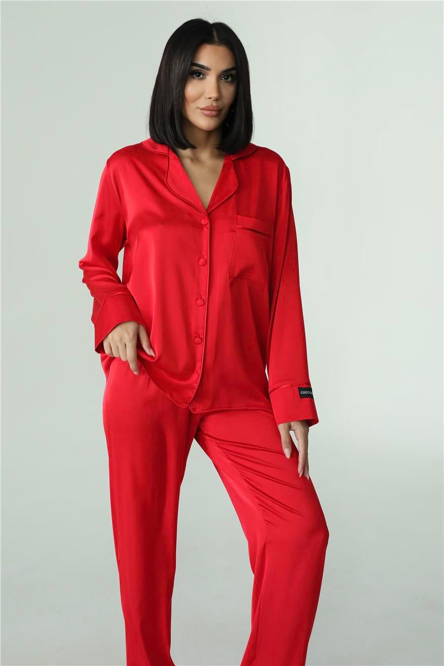 Nobiltà Della Notte Kırmızı Saten Uzun Pijama Takımı