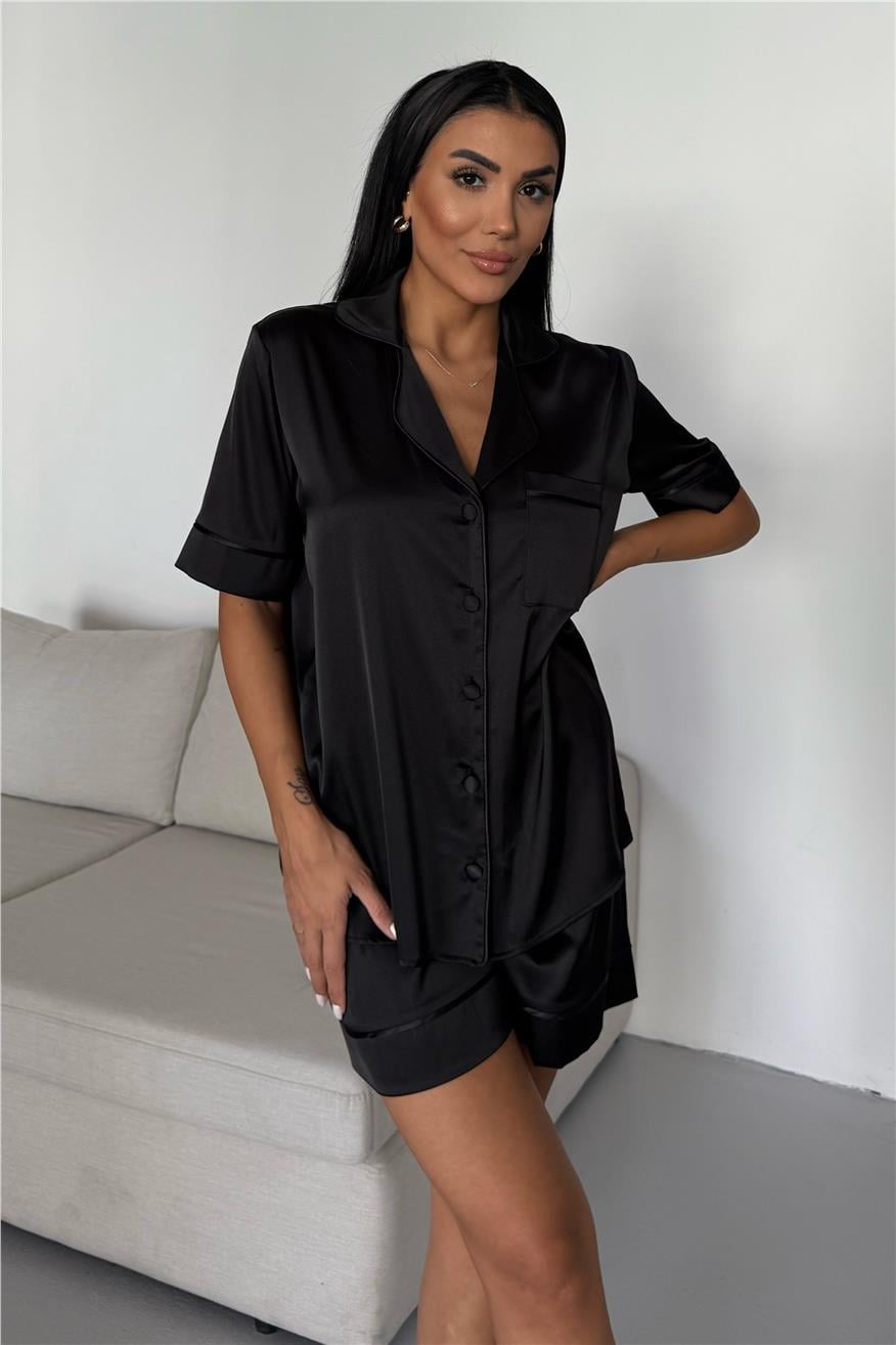 Nobiltà Della Notte Siyah Saten Kısa Pijama Takımı