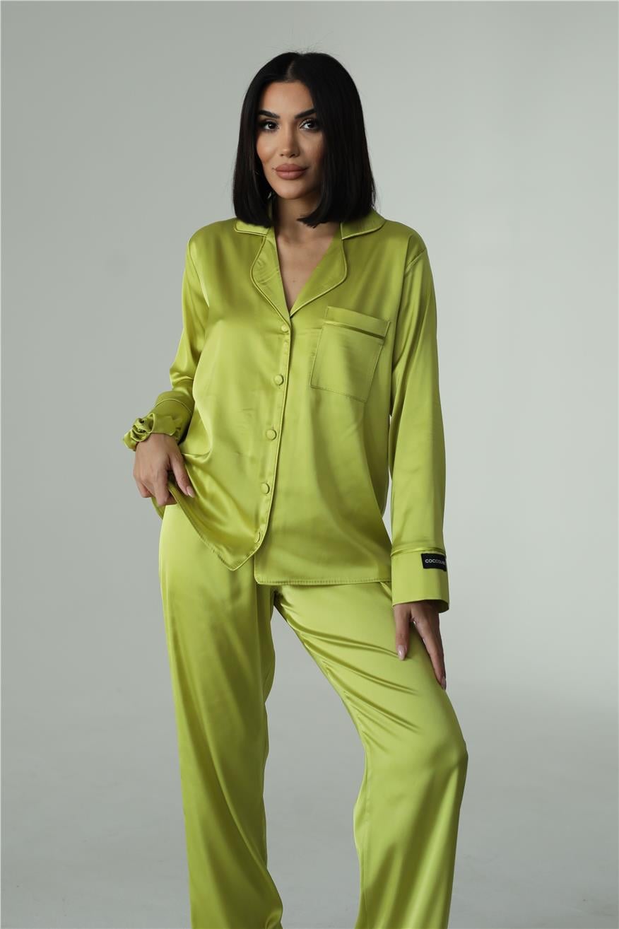Nobiltà Della Notte Yağ Yeşili Saten Uzun Pijama Takımı
