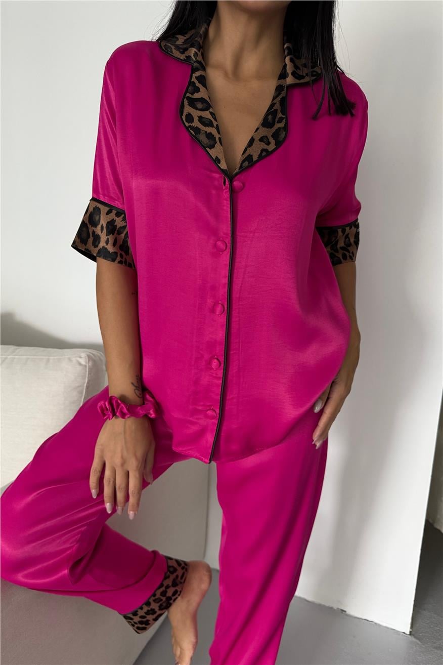 Pardo Perfetto Fuşya Floş Saten Kısa Kol Pantolon Pijama Takımı