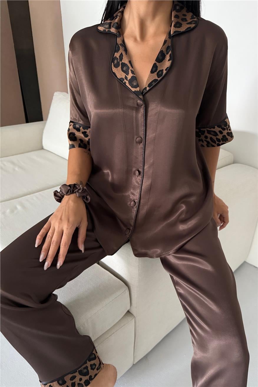 Pardo Perfetto Kahverengi Floş Saten Kısa Kol Pantolon Pijama Takımı