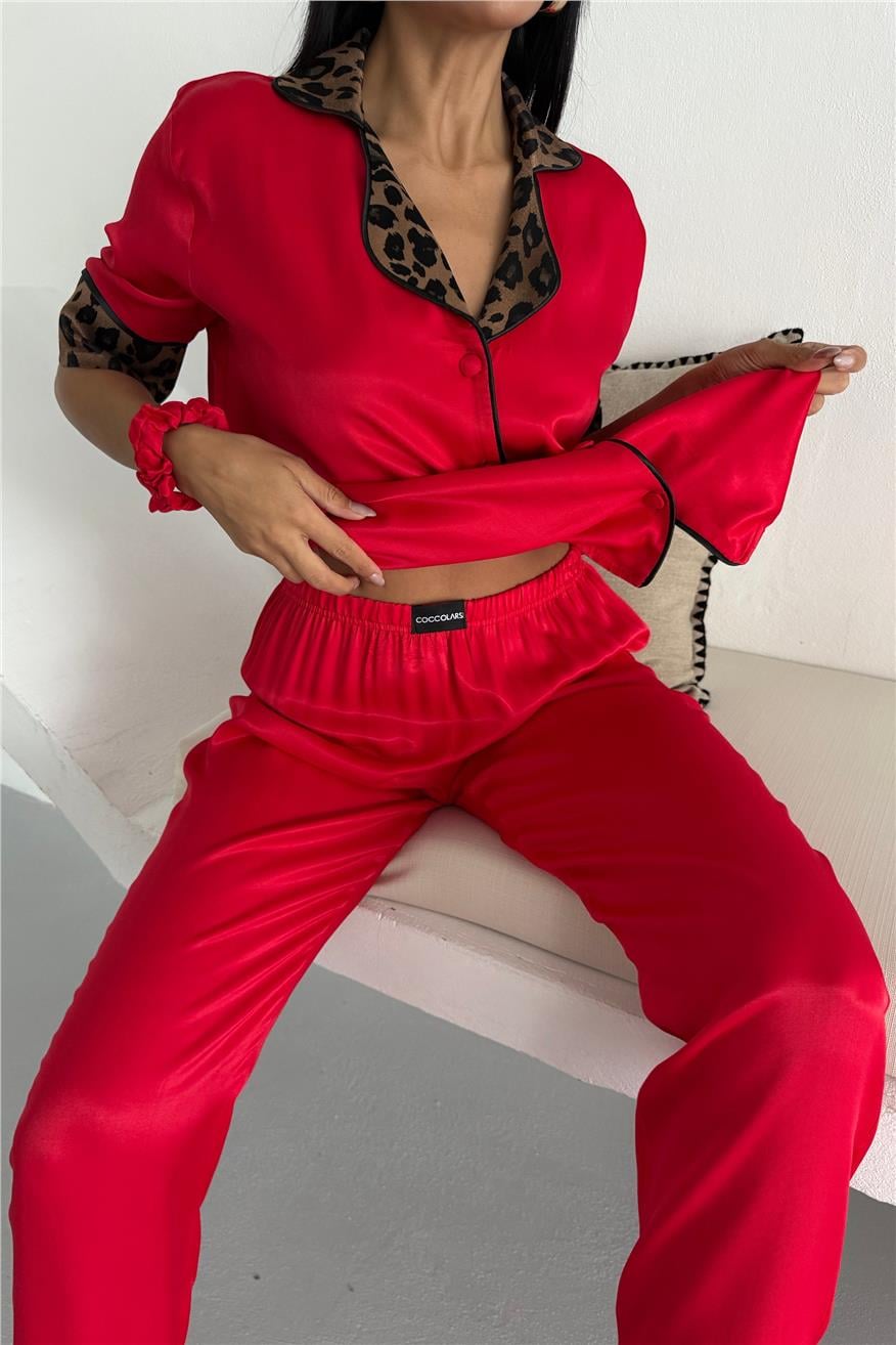 Pardo Perfetto Kırmızı Floş Saten Kısa Kol Pantolon Pijama Takımı