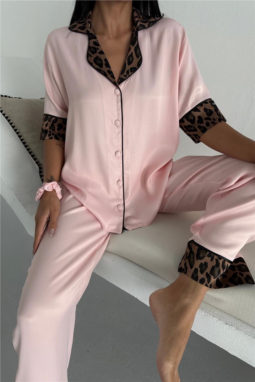 Pardo Perfetto Pudra Floş Saten Kısa Kol Pantolon Pijama Takımı