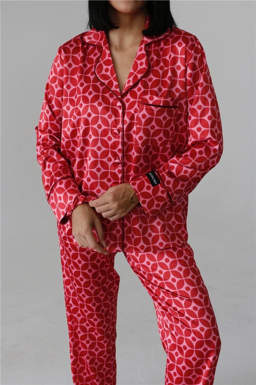 Romboidale Bordeaux Saten Uzun Pijama Takımı