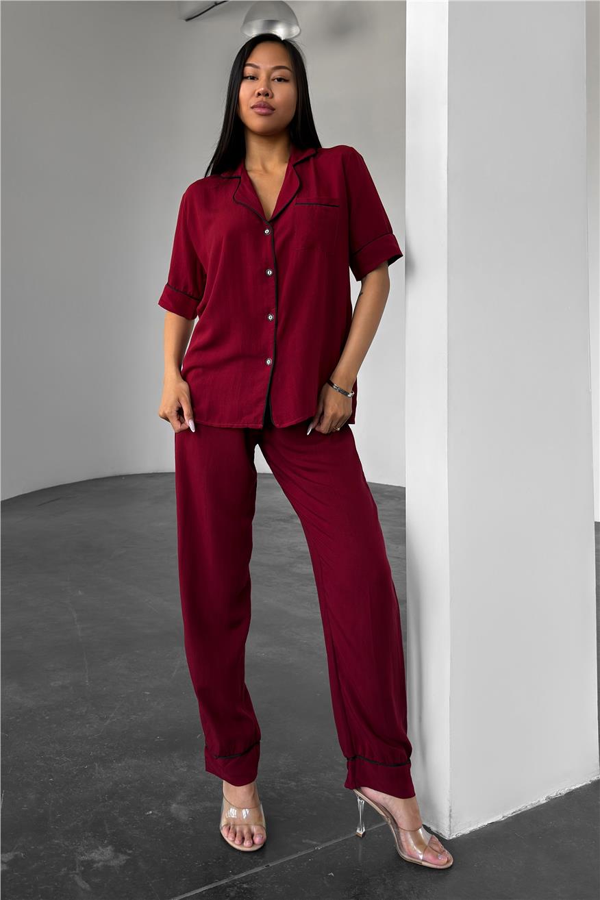 Sonno Luce Bordo Viskon Kısa Kol Pantolon Pijama Takımı