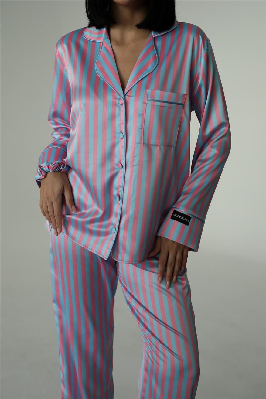 Strisce Fucsia Azzurro Saten Uzun Pijama Takımı (Geniş Beden Aralığı)
