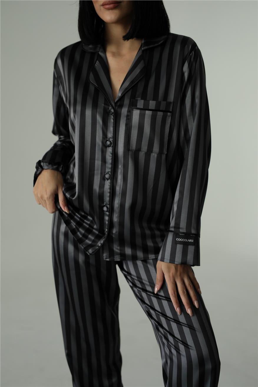 Strisce Grigie Nere Saten Uzun Pijama Takımı