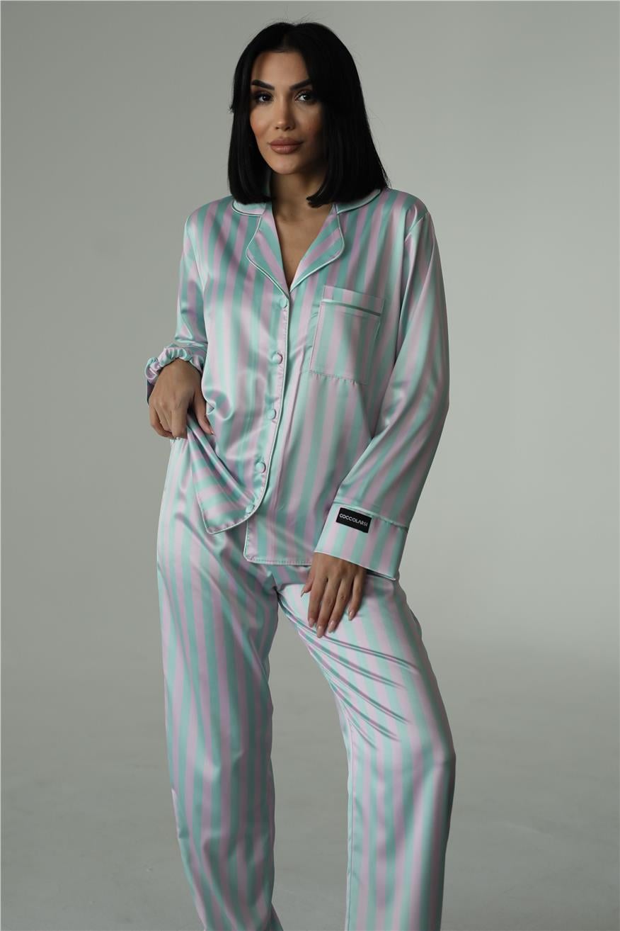 Strisce Lilla Menta Saten Uzun Pijama Takımı