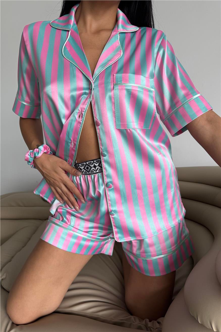 Strisce Rosa Menta Kısa Lastik Bel Pijama Takımı