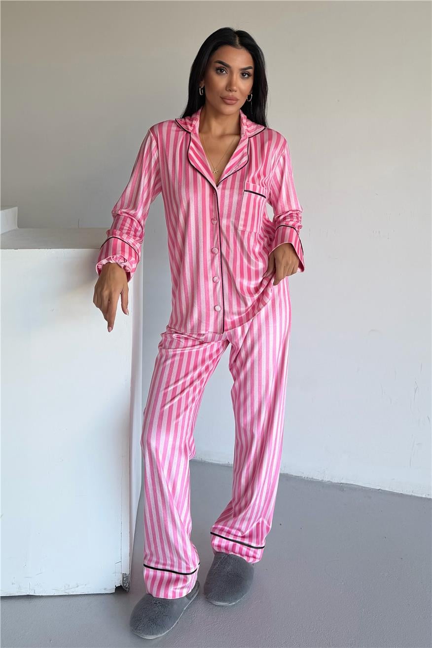 Strisce Rosa Scuro Chiaro Kadife Uzun Pijama Takımı