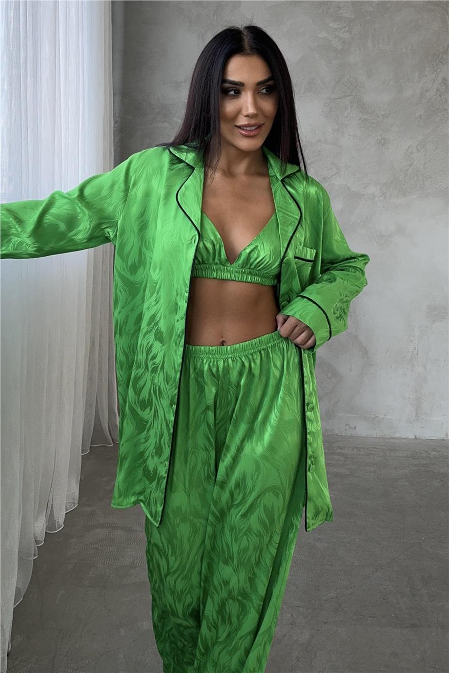 Sussurro Ardente Yeşil Jakarlı Saten Uzun Üçlü Pijama Takımı