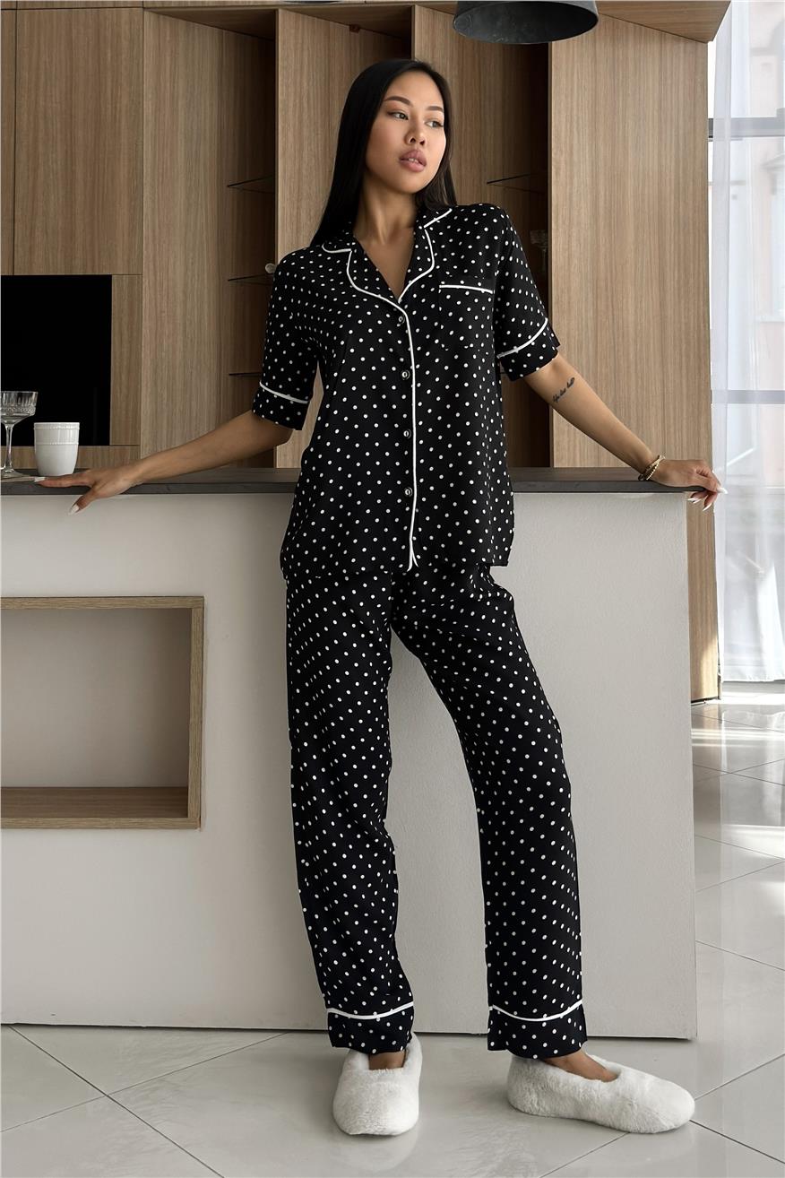 Trama Celeste Siyah Viskon Kısa Kol Pantolon Pijama Takımı