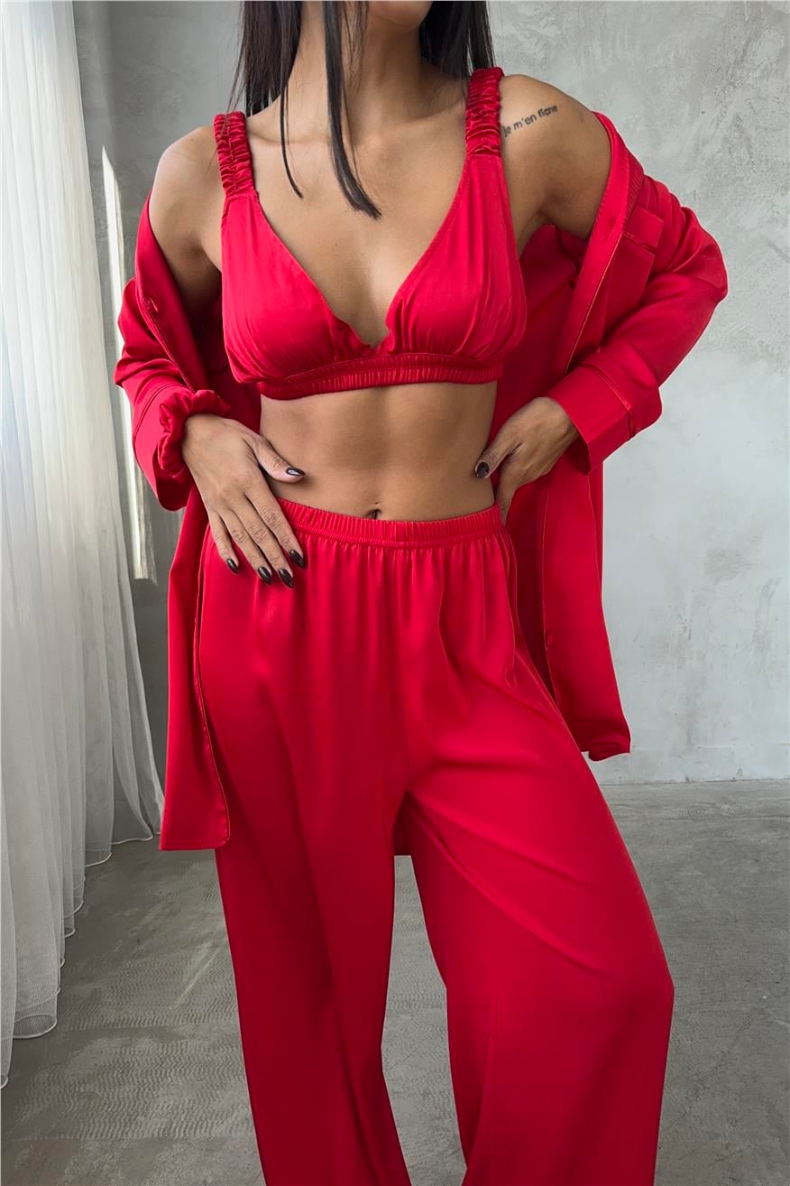 Vento Della Notte Kırmızı Saten Uzun Üçlü Pijama Takımı