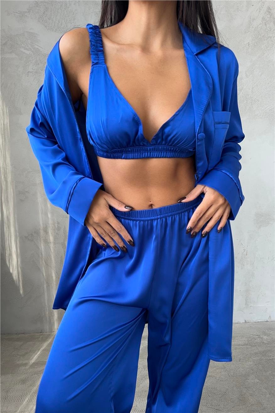 Vento Della Notte Saks Mavisi Saten Uzun Üçlü Pijama Takımı