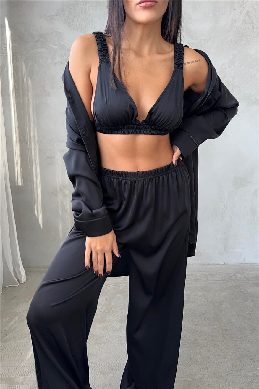 Vento Della Notte Siyah Saten Uzun Üçlü Pijama Takımı