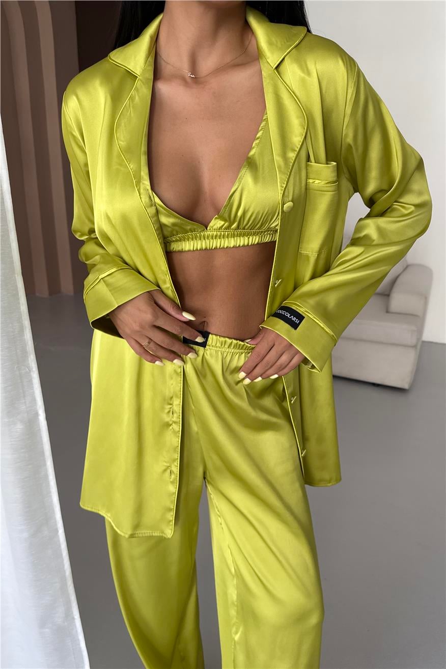 Vento Della Notte Yağ Yeşili Saten Uzun Üçlü Pijama Takımı
