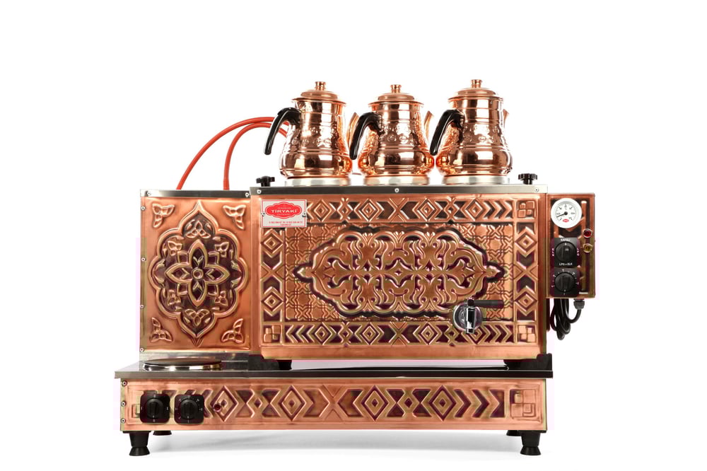 Tiryaki 3 Gözlü Bakır Çay Kazanı, 3 Demlikli, Elektrik+Gaz