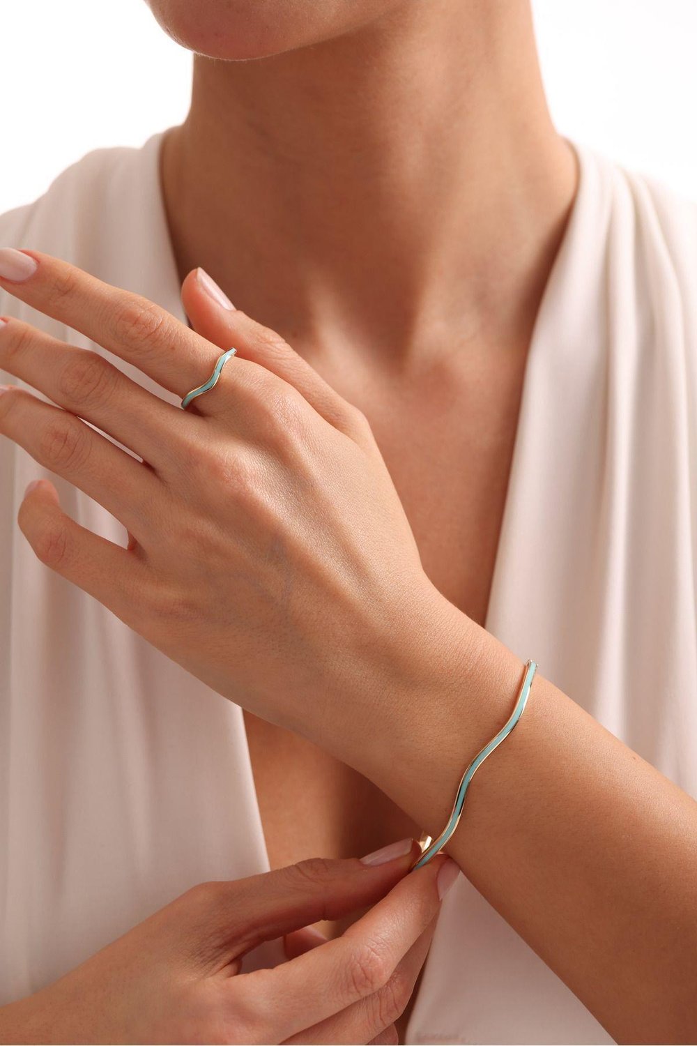 Dalga Model Mavi Turkuaz Mineli Waand  Bangle