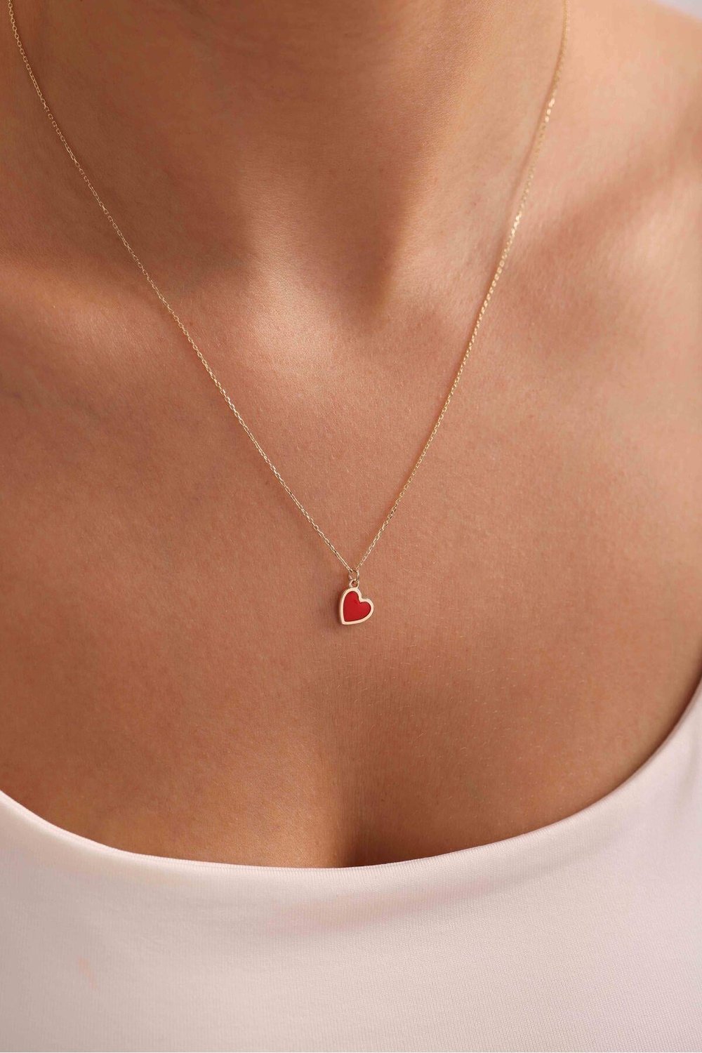 Kırmızı Mineli Kalp Slope Necklace