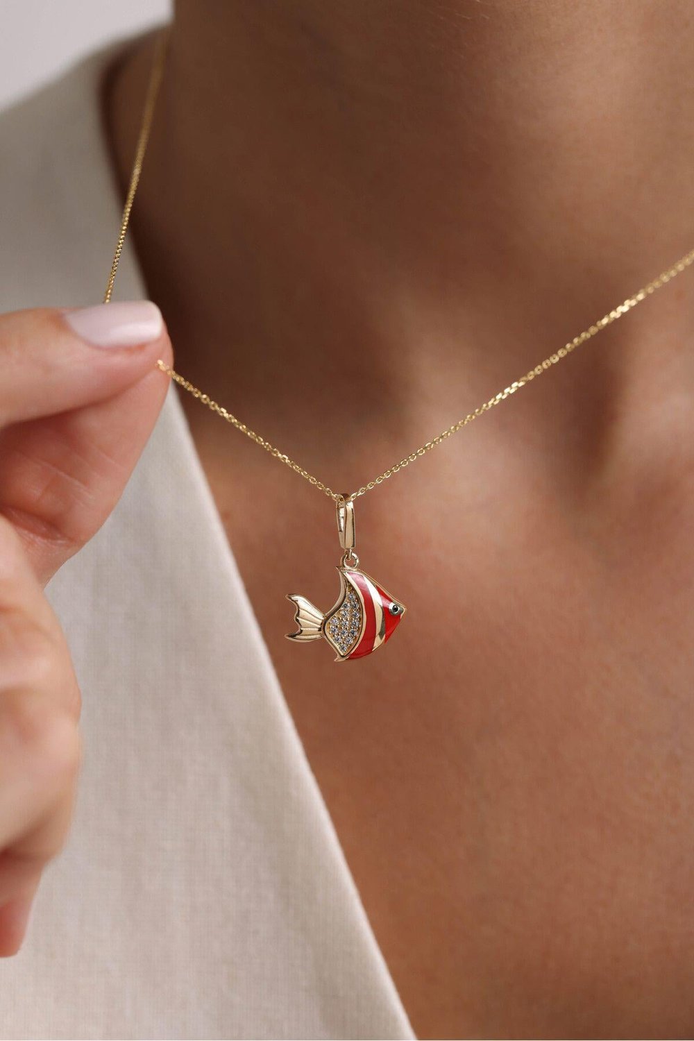 Kırmızı Mineli Stone Balık Kilitli Charm Pendant