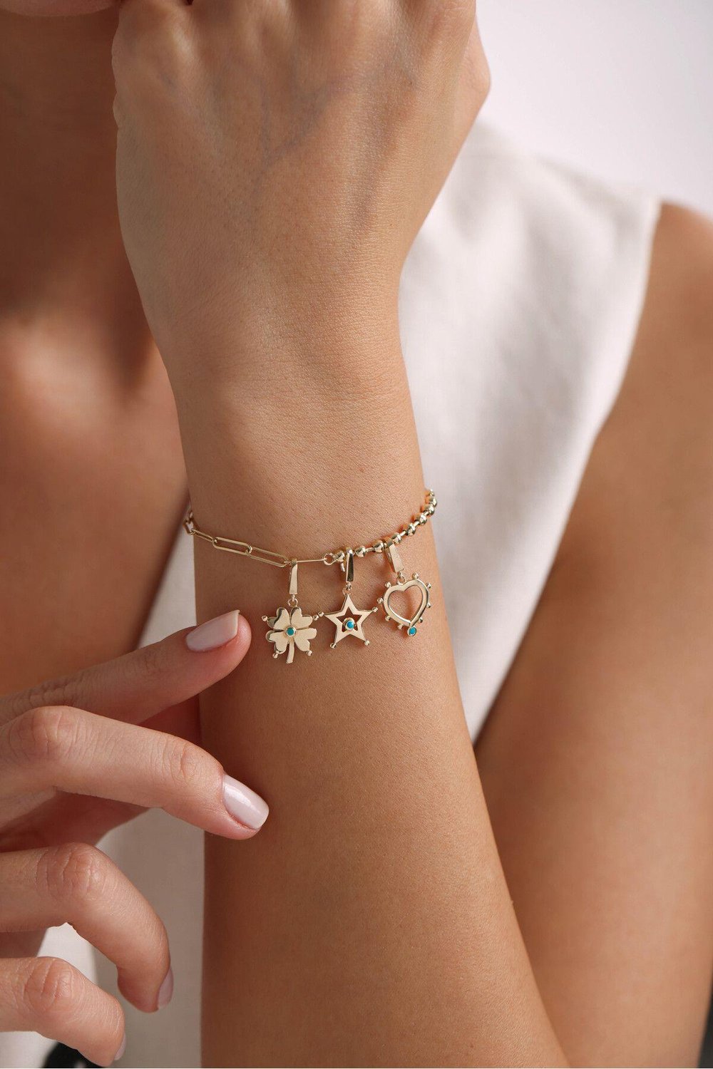 Mavi Mineli Kalp & Yonca & Yıldız Charm Bracelet