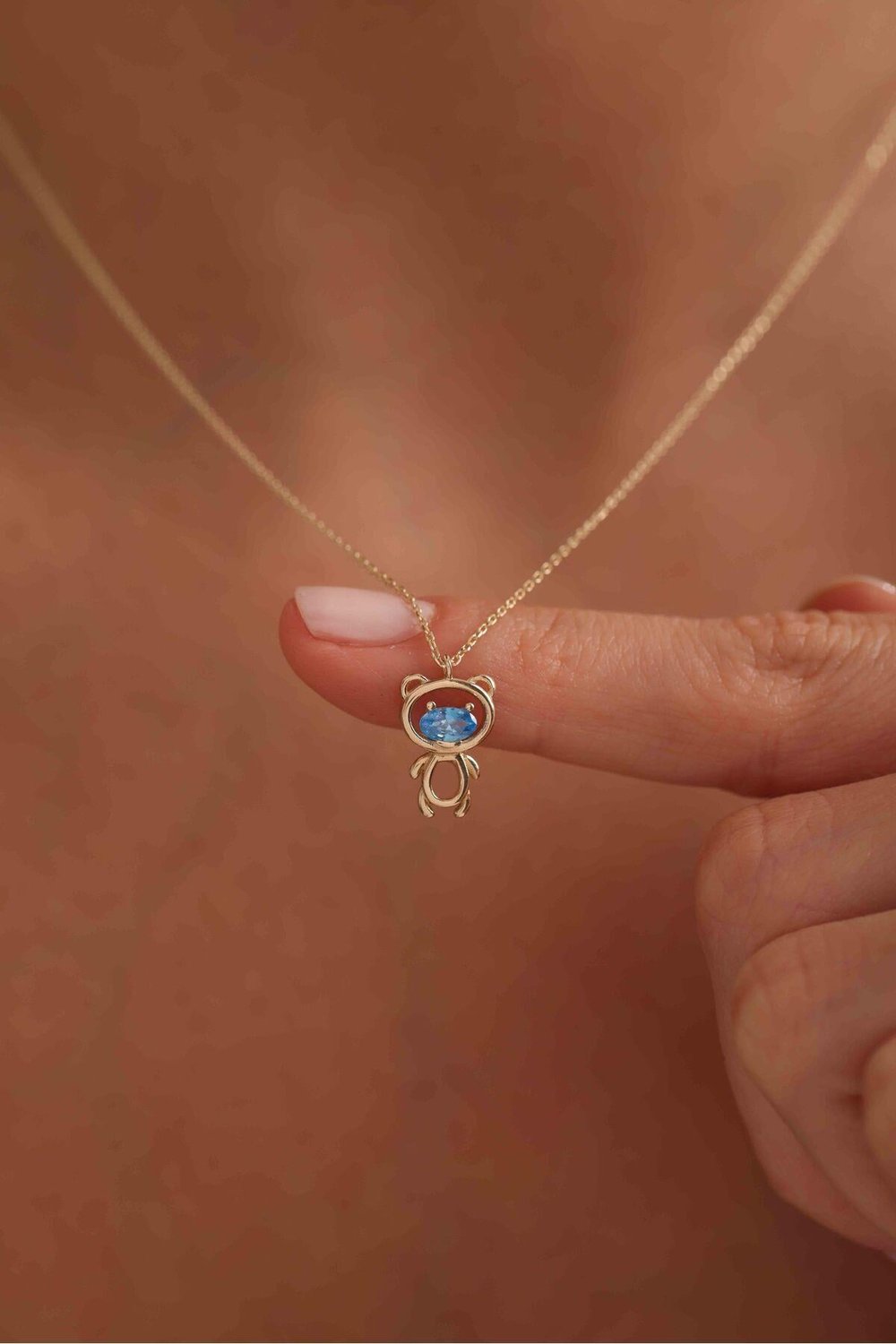 Mavi Oval Stone Teddy Bear Ayıcık Necklace