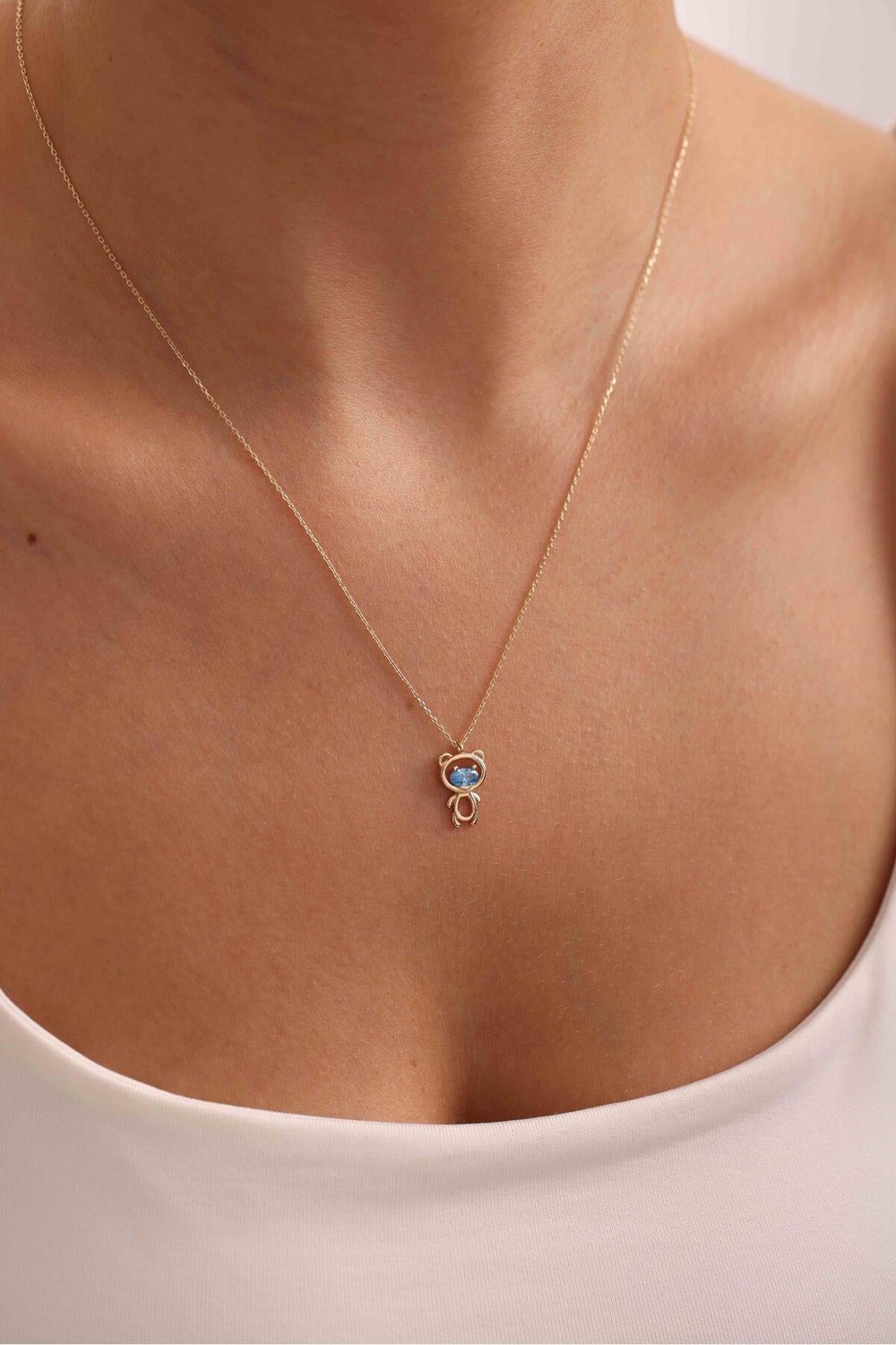 Mavi Oval Stone Teddy Bear Ayıcık Necklace