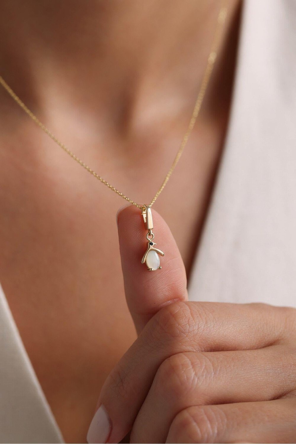 Opal Stone Penguen Kilitli Charm Necklace 45 cm