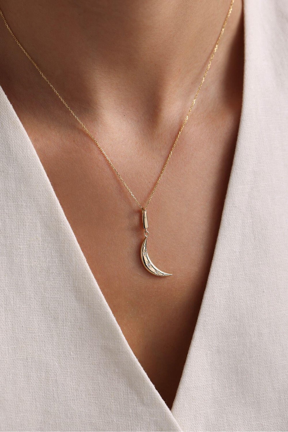 Stone Hilal Ay Kilitli Charm Necklace 45 cm