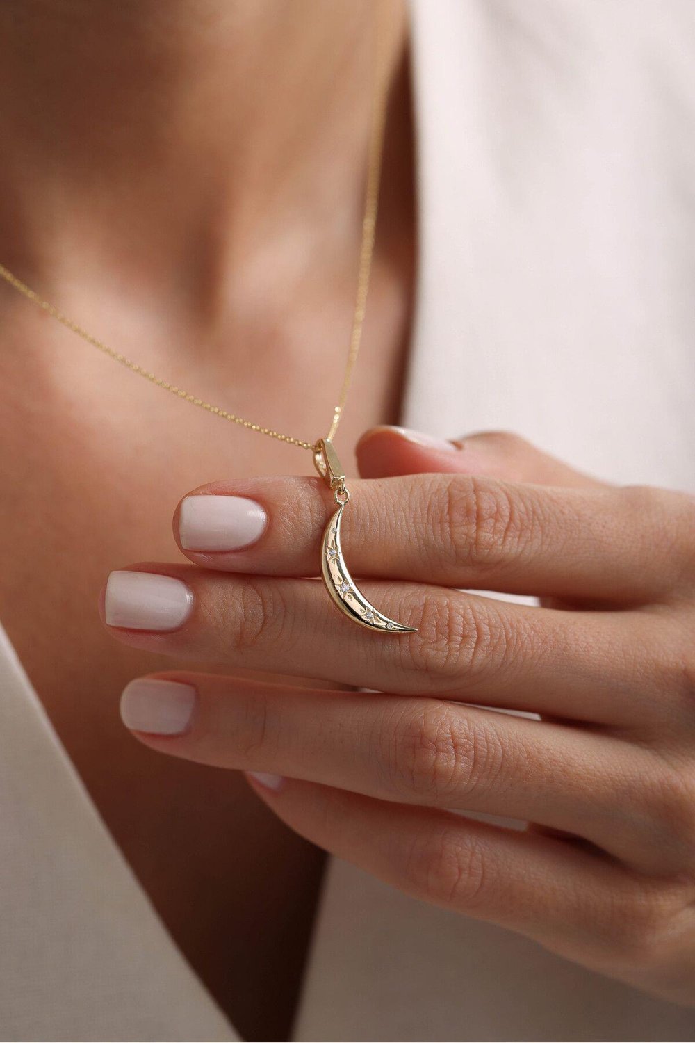 Stone Hilal Ay Kilitli Charm Necklace 45 cm