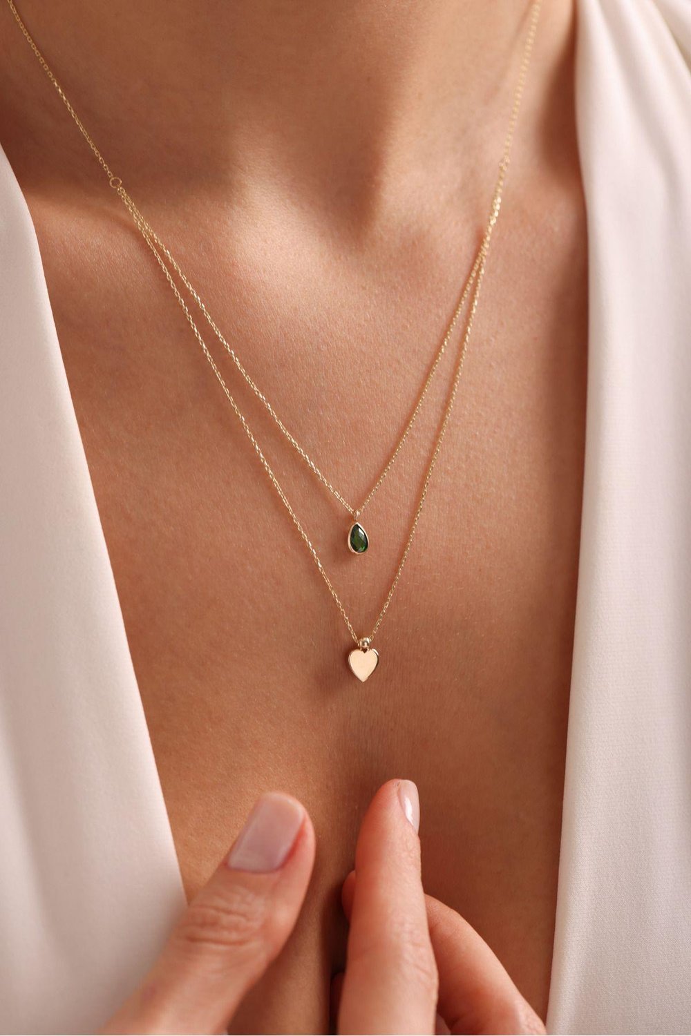 Yeşil Damla Stone Çift Sıra Kalp Necklace