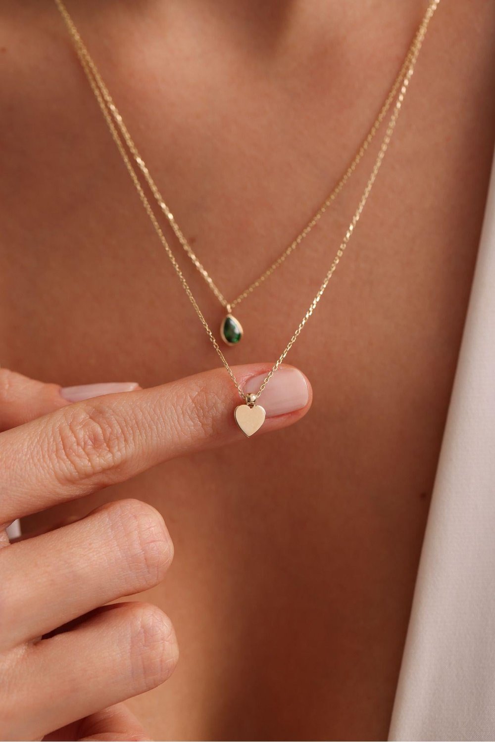 Yeşil Damla Stone Çift Sıra Kalp Necklace