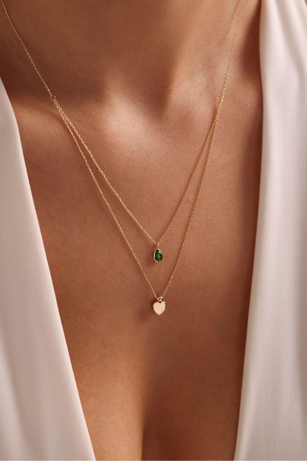 Yeşil Damla Stone Çift Sıra Kalp Necklace