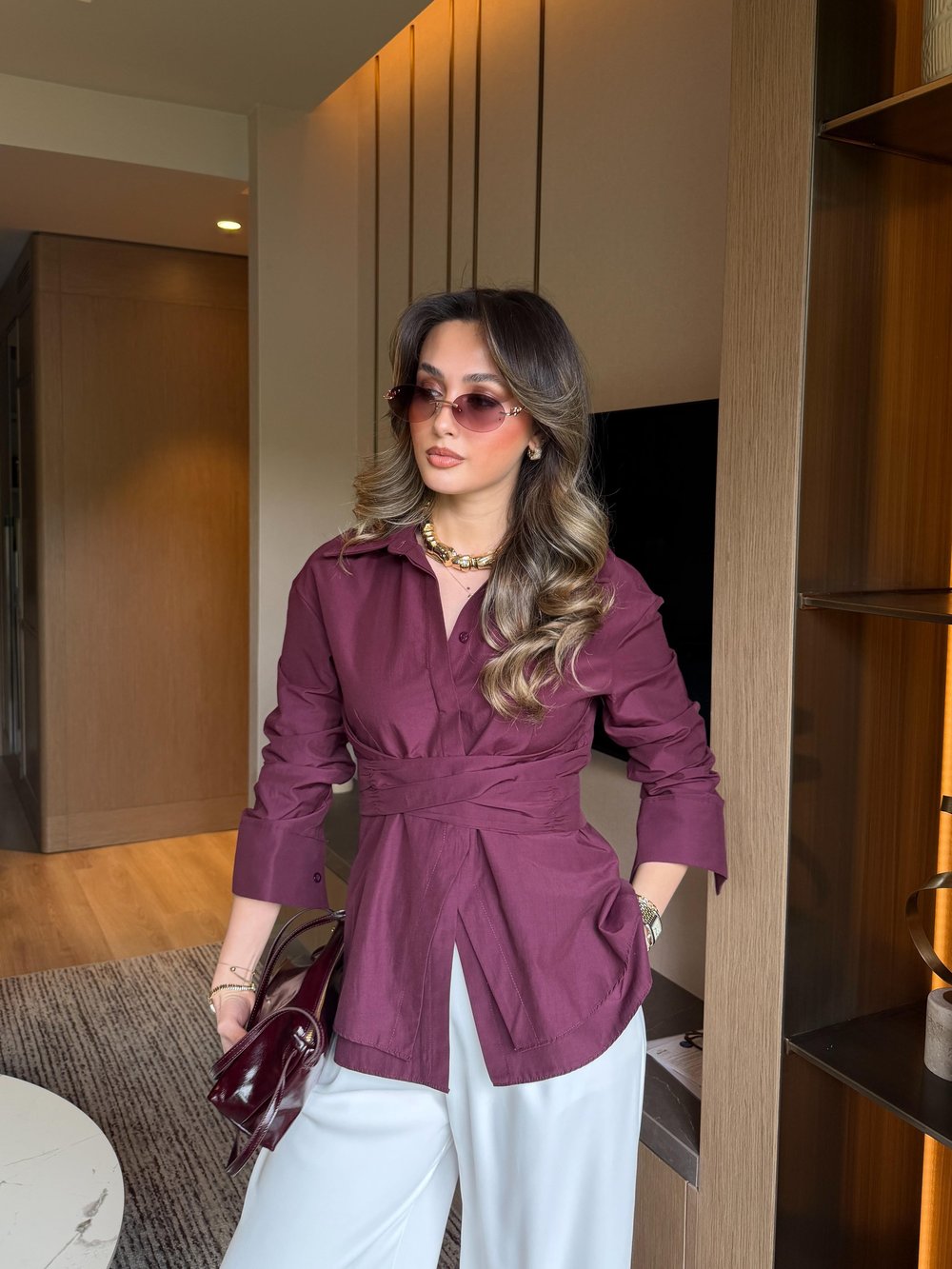Bel Çapraz Bağlamalı Mürdüm Poplin Gömlek