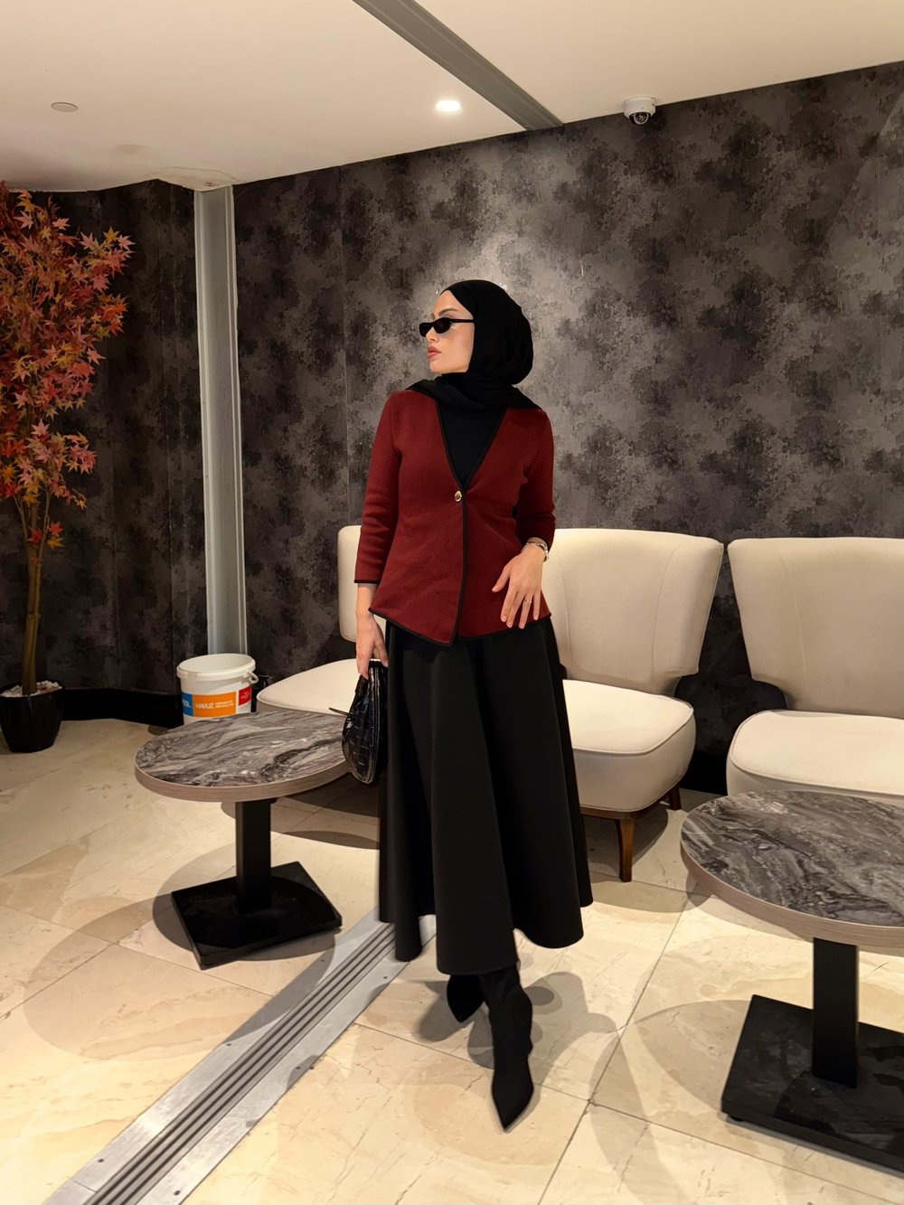 Biye Detaylı Bordo Triko Ceket