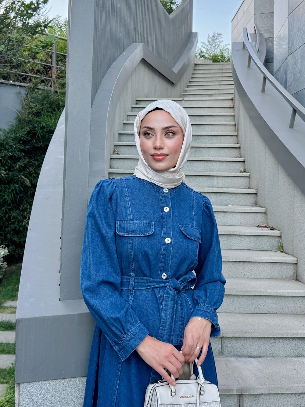 Düğmeli Denim Elbise 