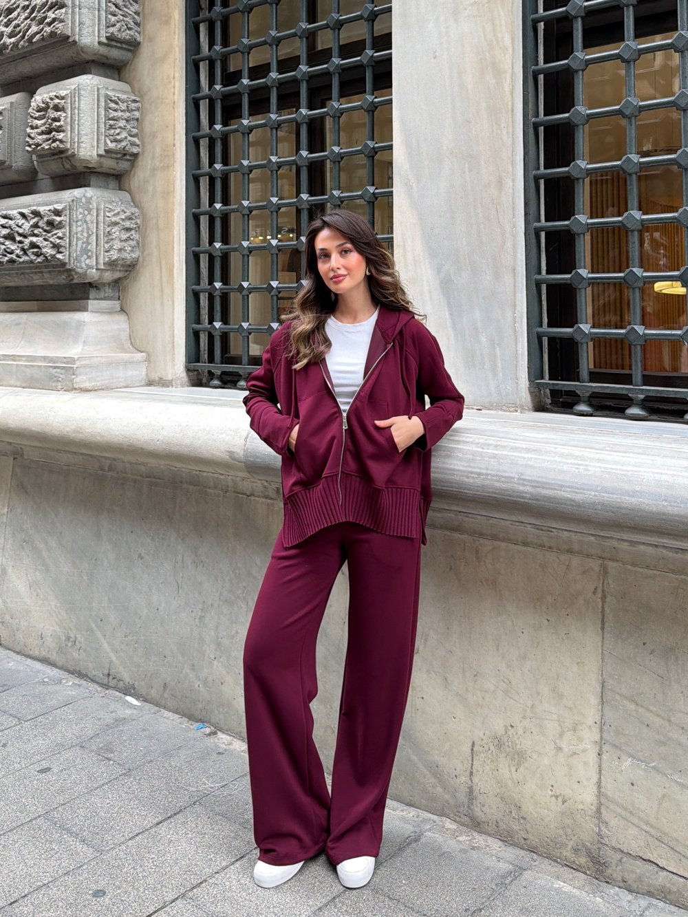 Fermuarlı Sweatshirt Eşofman Takım Bordo