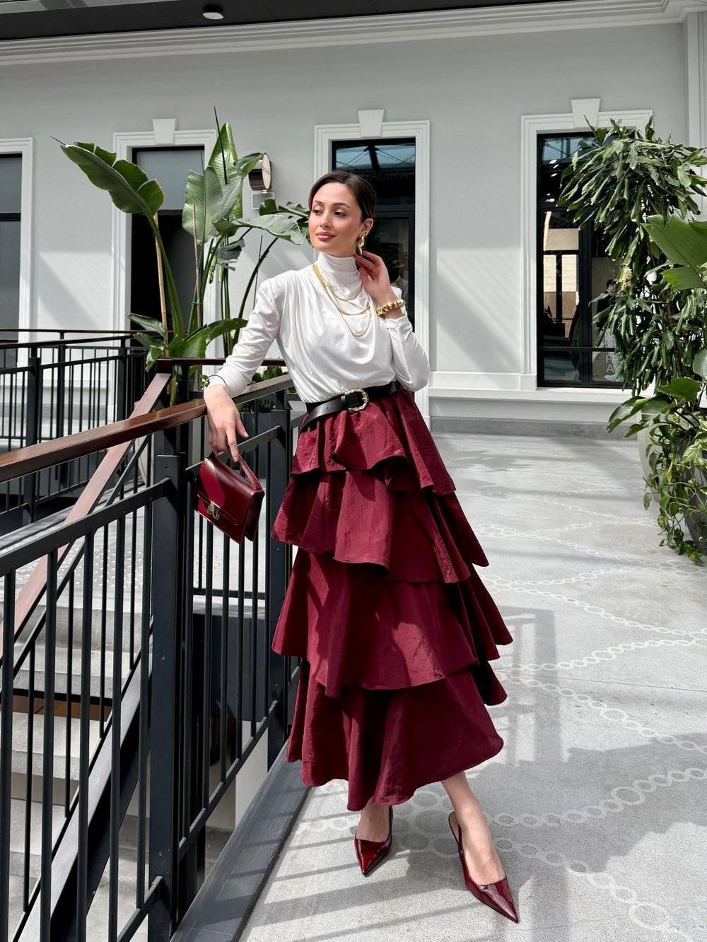 Katlı Bordo Etek